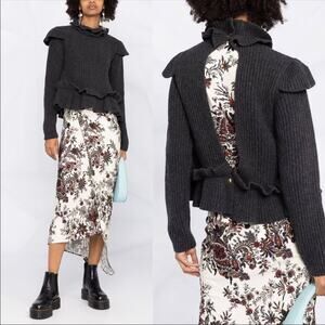 Ganni Phantom Gray Ruffle Open Back Wool Sweater XS NWT